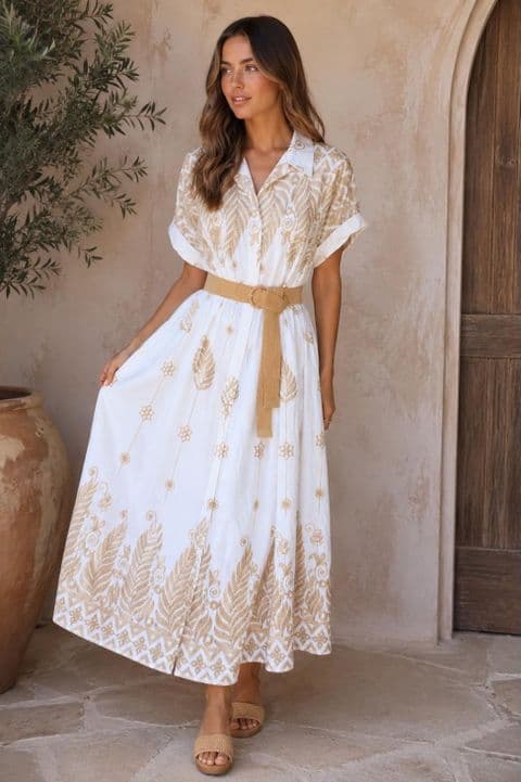 COLLARED WHT/ GOLD EMBROIDERED MIDI DRESS