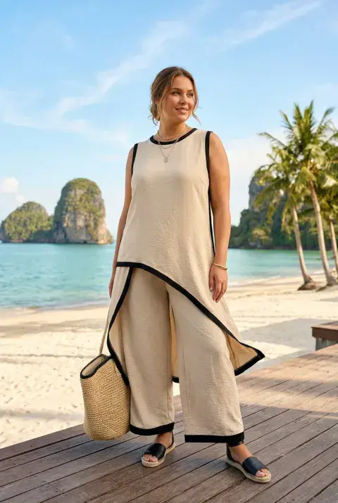 CONTRAST TRIM ASYMMETRIC TOP LOUNGE SET