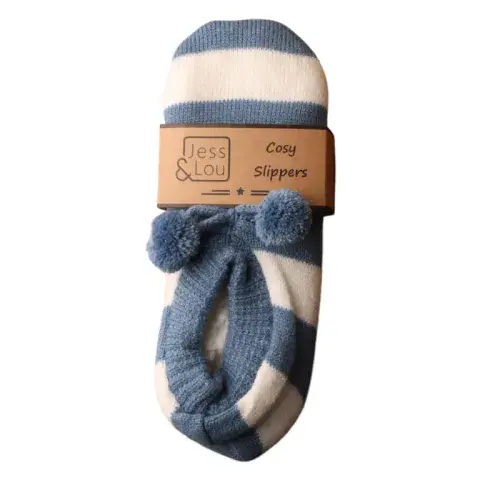 CORNFLOWER BLUE & WHITE STRIPE COSY SLIPPERS