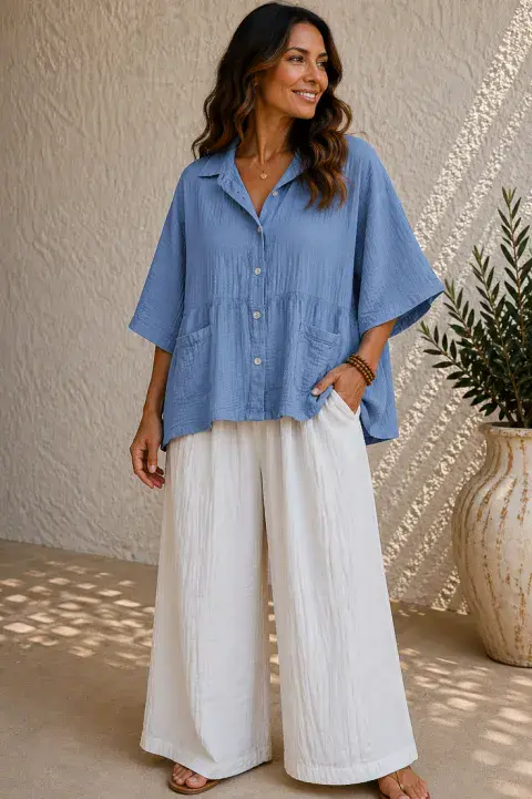 CRINKLE COTTON BUTTON-THROUGH RELAXED FIT SHIRT IN BLUE