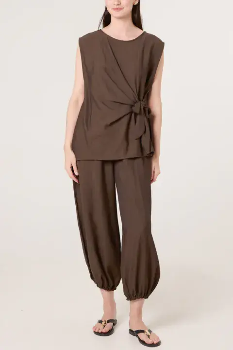 CRINKLE FRONT KNOT TOP & TRS SET