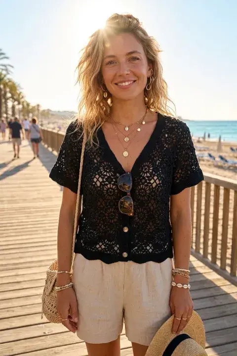CROCHET BUTTON CARDIGAN BLK