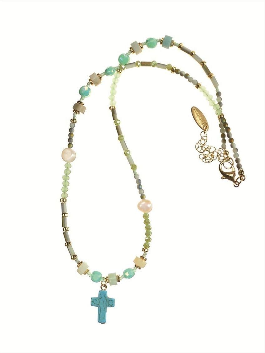 CRYSTAL & CROSS STONE & PEARL TURQUOISE NECKLACE