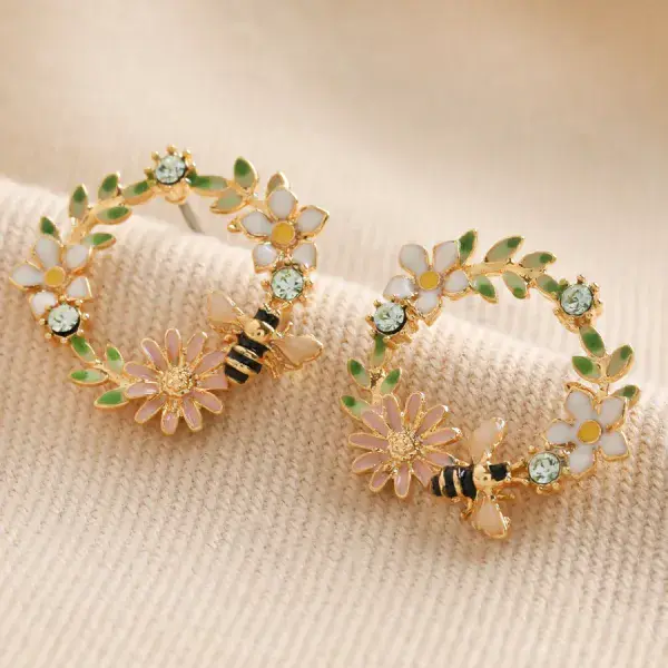 CRYSTAL FLOWER & ENAMEL BEE STUD EARRINGS GOLD