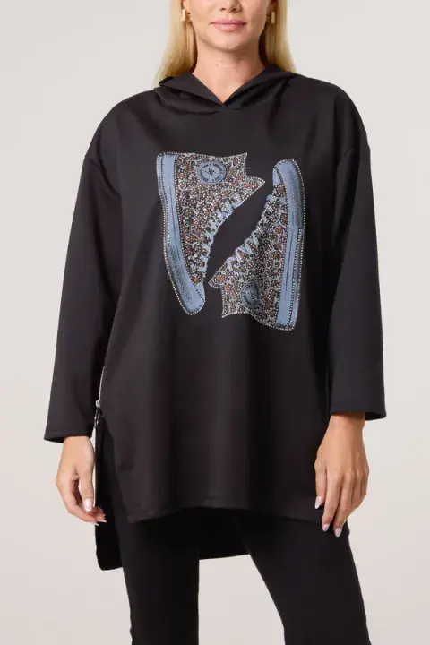 DIAMANTE TRAINER PRINT HOODIE BLK
