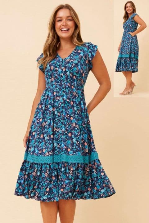 DITSY FLORAL CAPE SLV MIDI DRESS NAVY MULTI