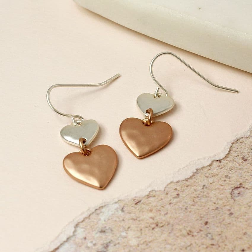 DOUBLE DROP 2 TONE HEART EARRINGS