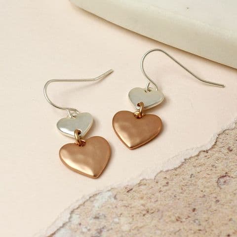 DOUBLE DROP 2 TONE HEART EARRINGS