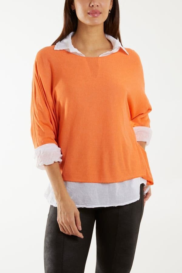 DOUBLE LAYER FINE KNIT AND COTTON SHIRT  ORANGE