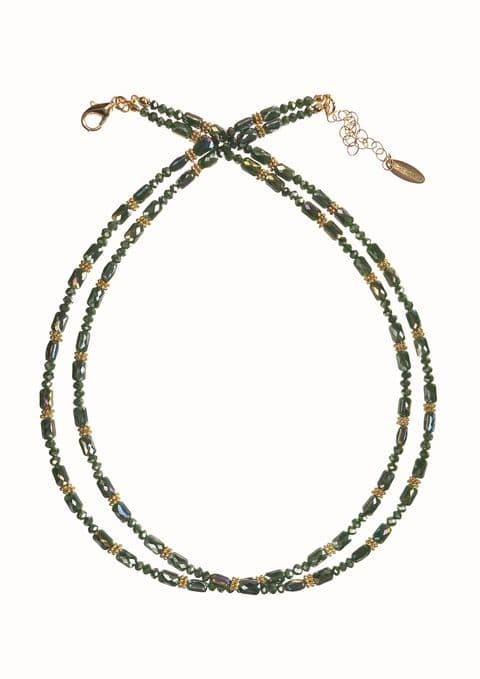 DOUBLE STRAND BEADED NECKLACE IN GREEN AND GOLD