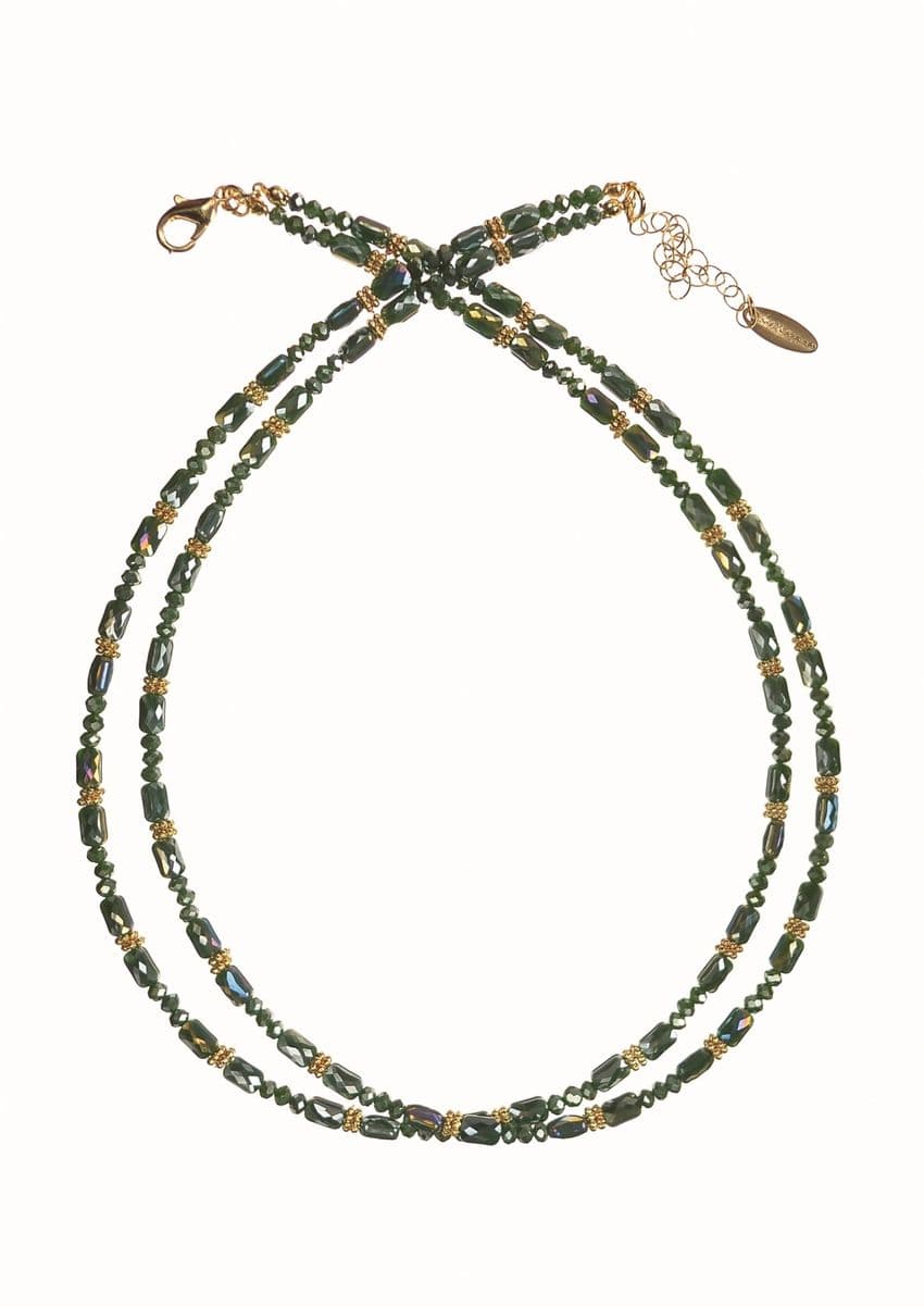 DOUBLE STRAND BEADED NECKLACE IN GREEN AND GOLD