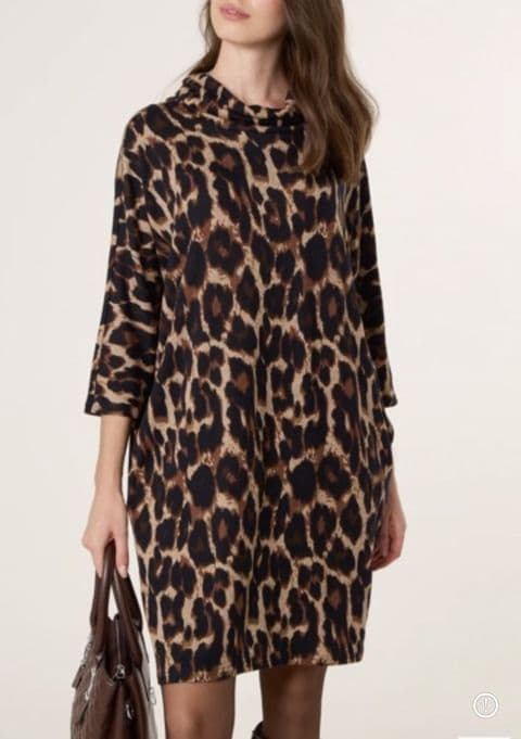 DRAPED COWL NECK LEOPARD DRESS