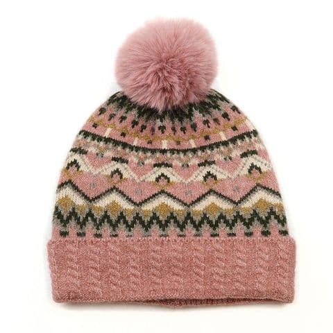 DUSKY PINK & GREEN MIX FAIRISLE HAT WITH FAUX POMPOM