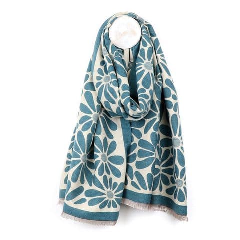 DUSKY TEAL REVERSIBLE RETRO DAISY JACQUARD SCARF