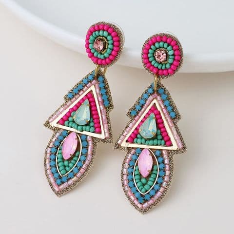 EMBELLISHED AQUA MIX AZTEC BEAD EARRINGS