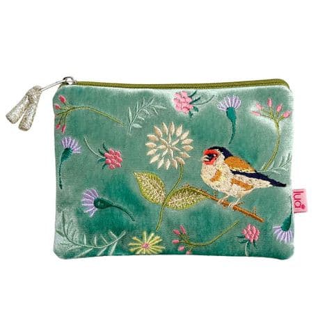 EMBROIDERED GOLDFINCH PURSE IN AQUA