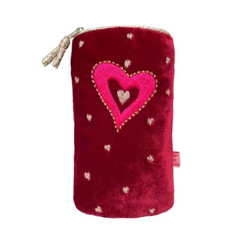 EMBROIDERED HEART GLASSES PURSE IN RED