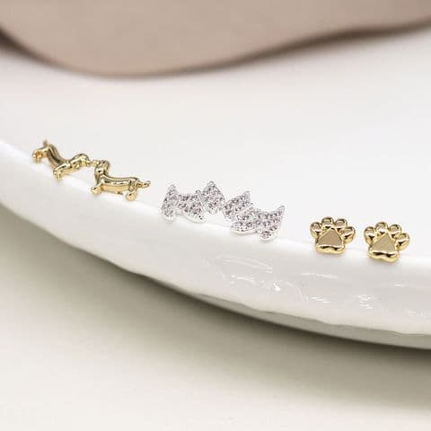 FAUX GOLD AND SILVER PLATED DOGS AND PAWS TRIPLE EARRING SET