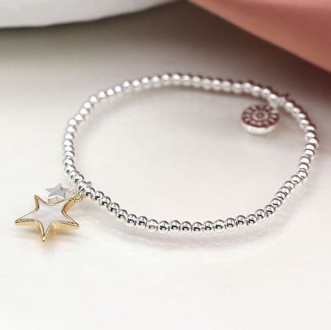 FAUX GOLD AND SILVER PLATED DOUBLE STAR BRACELET WITH SHELL INLAY