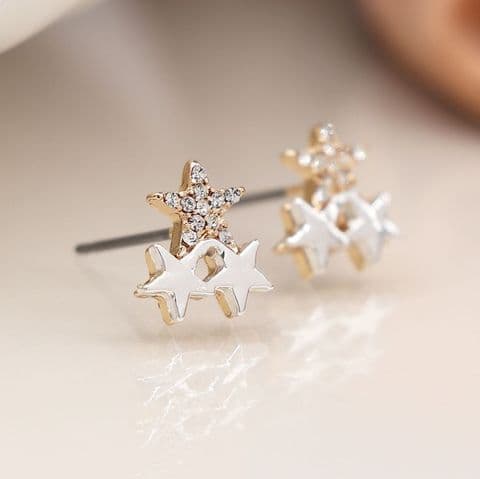 FAUX GOLD AND SILVER PLATED TRIPLE STAR STUD EARRINGS WITH CRYSTALS