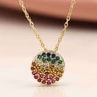 FAUX GOLD DISC NECKLACE WITH RAINBOW GRADIENT CRYSTALS