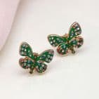 FAUX GOLD PLATE GREEN ENAMEL & CRYSTAL BFLY EARRINGS