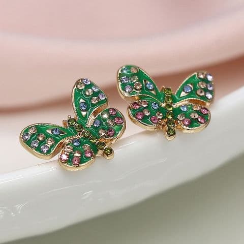 FAUX GOLD PLATE GREEN ENAMEL & CRYSTAL BFLY EARRINGS
