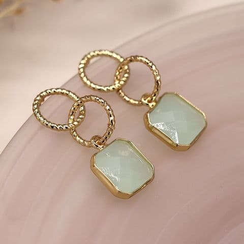 FAUX GOLD STUD EARRING WITH DOUBLE TWISTED HOOP AND AQUA COLOURED STONE