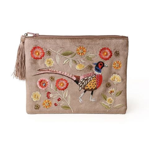 FAWN EMBROIDERED PHEASANT VELVET ZIP UP PURSE