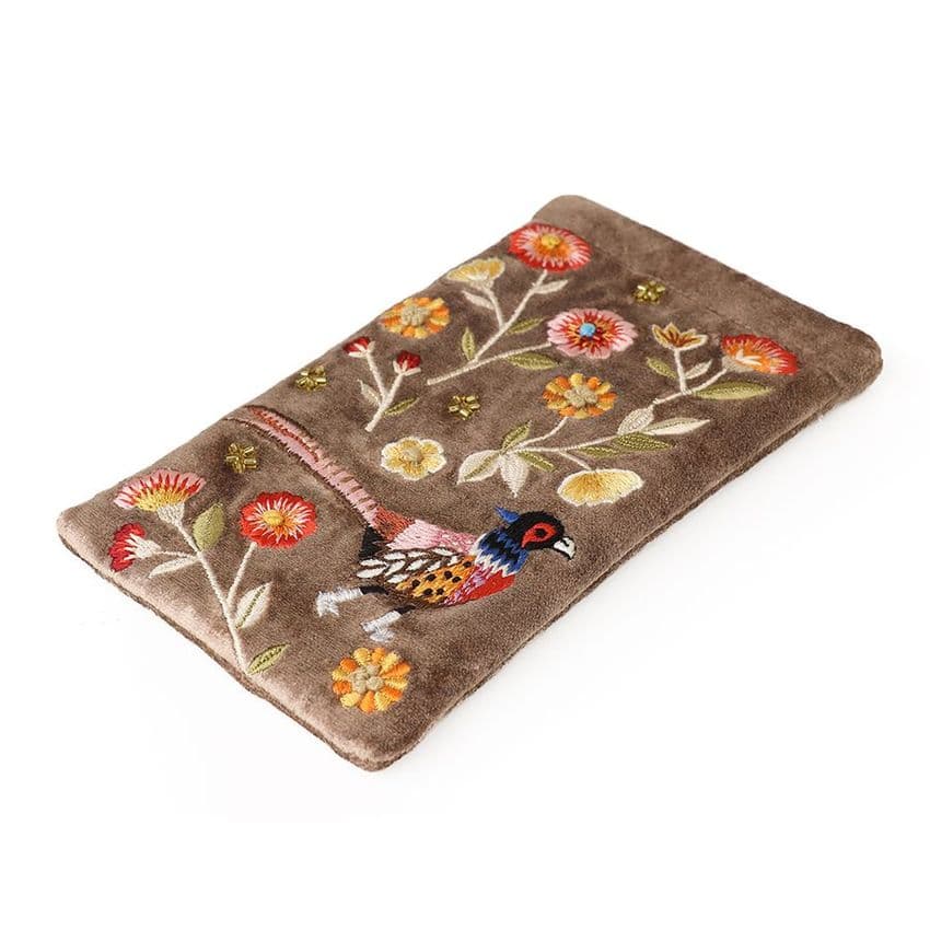 FAWN VELVET PHEASANT EMBROIDERED GLASSES CASE