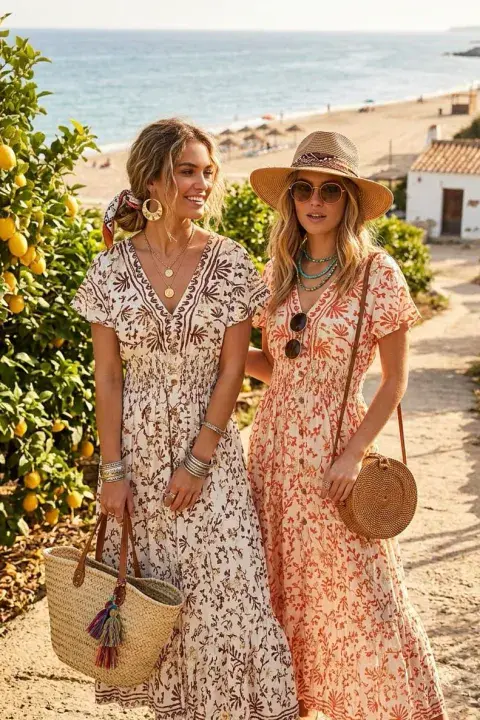 FLORAL /BORDER V NECK MAXI DRESS