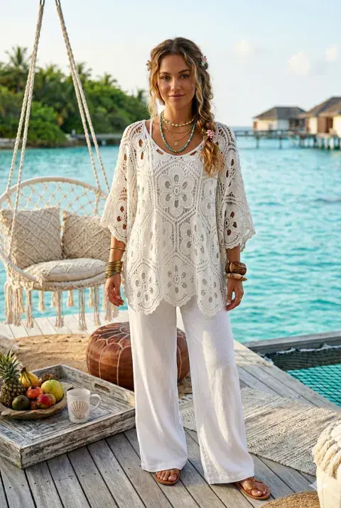 FLORAL CROCHET 2-IN-1 TOP WHT