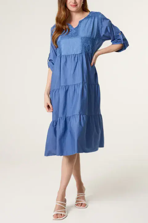 FLORAL EMBROIDERY & CROCHET MIDI TIERED DRESS