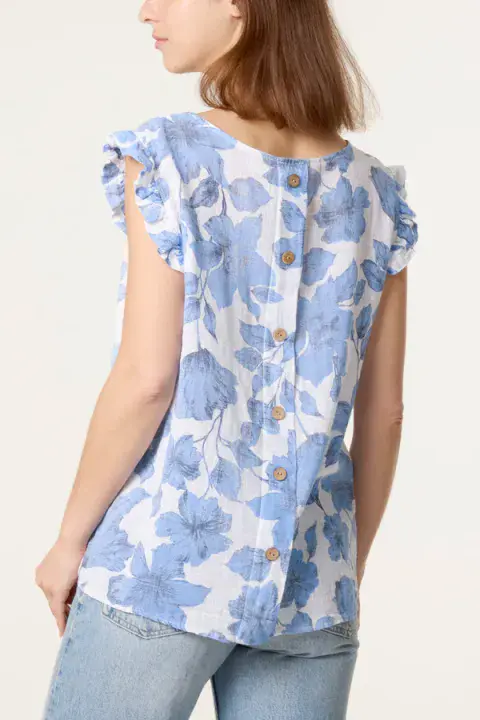 FLORAL FRILL SLEEVE BUTTON BACK TOP