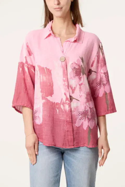 FLORAL FRONT BUTTON PURE COTTON BLOUSE