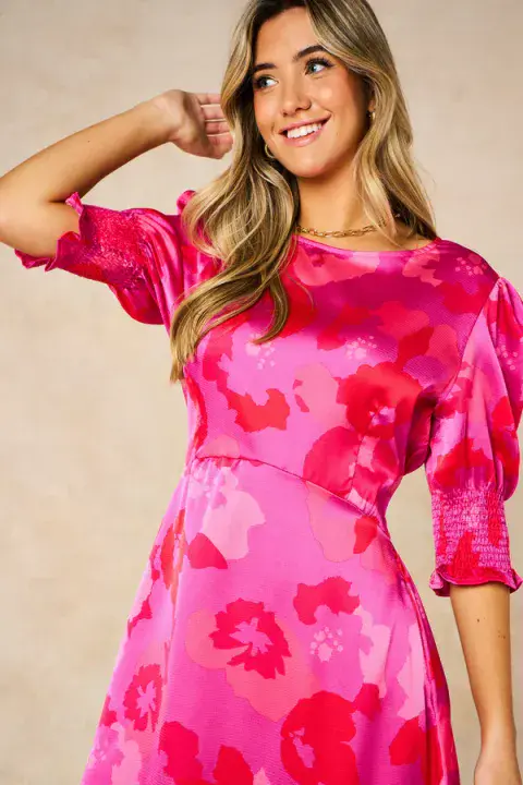 FLORAL MIDI T DRESS HOT PK