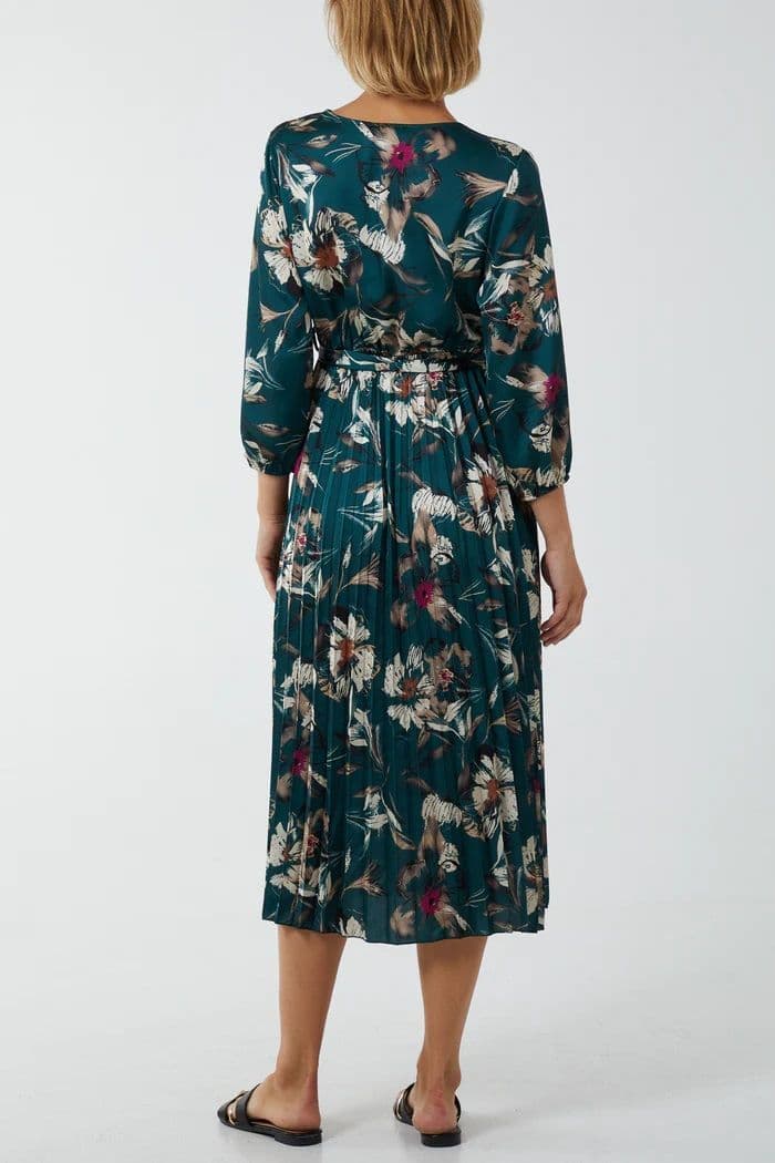 FLORAL SATIN PLEAT WRAP MIDI DRESS GREEN