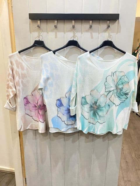 FLOWER PRINT STUDDED KNITTED TOP
