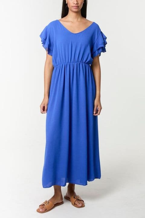 FLUTTER SLEEVE BACK BUTTON MIDI DRESS