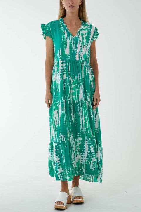 FRILL SLEEVE TIERED MIDI DRESS GREEN
