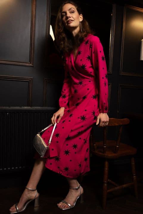 FUCHSIA STARBURST PRINT WRAP DRESS LARGE