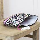 FUNKY MULTI COLOUR LEOPARD PRINT AND BRIGHT LILAC COLOUR BLOCK COTTON ZIP TRAVEL BAG/POUCH WITH JUTE
