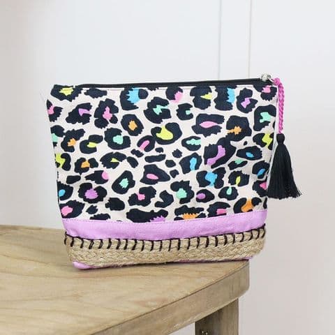 FUNKY MULTI COLOUR LEOPARD PRINT AND BRIGHT LILAC COLOUR BLOCK COTTON ZIP TRAVEL BAG/POUCH WITH JUTE