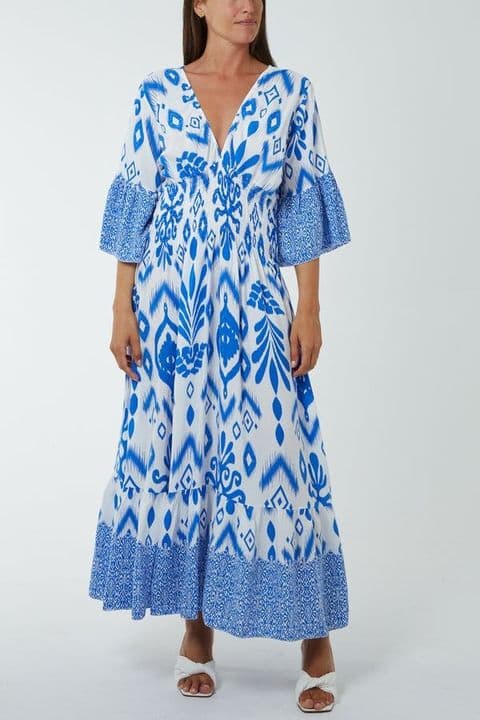 GEOMETRIC PRINT SHIRRED BODICE MAXI DRESS