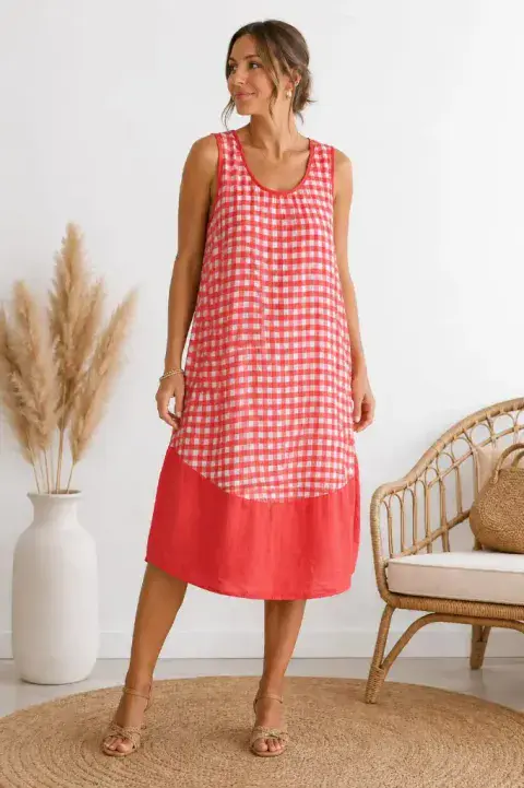 GINGHAM COCOON DRESS DENIM BLUE