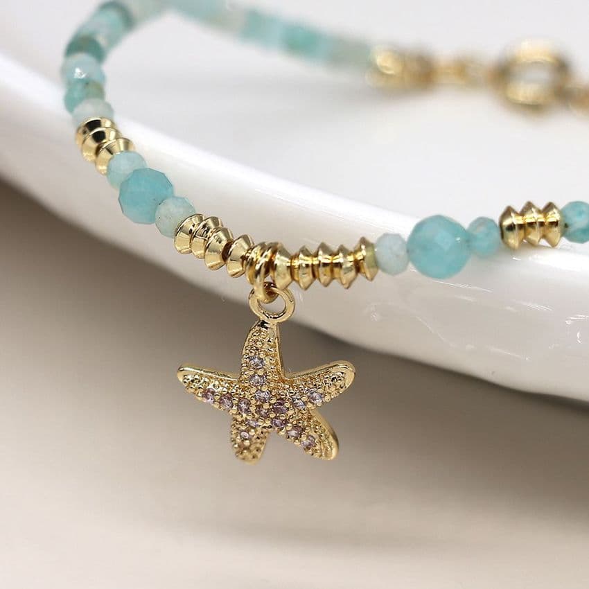 GOLD AQUA BEAD & CRYSTAL STARFISH BLET