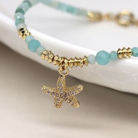 GOLD AQUA BEAD & CRYSTAL STARFISH BLET