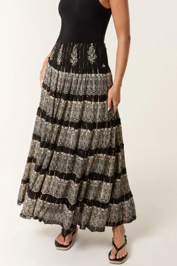 GOLD FOIL & BLACK TIERED MAXI SKIRT