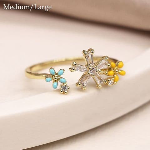 GOLD PLATE OPEN BAND ENAMEL & CRYSTAL FLOWERS RING