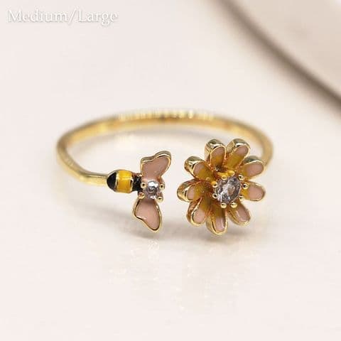 GOLD PLATE OPEN ENAMEL FLOWER & BEE RING